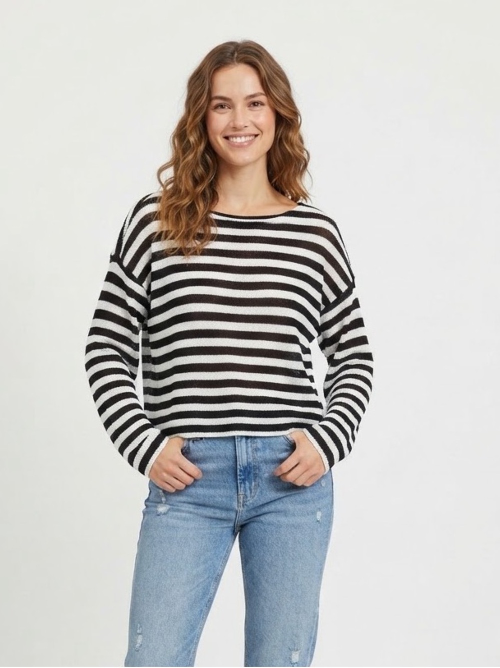 H&M Striped Knit Sweater Relaxed balloon Size L Preppy French Office Minimalist